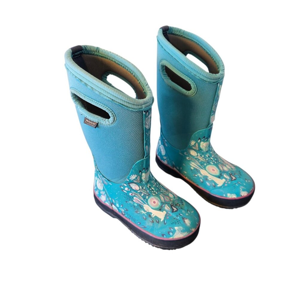 Bogs Boots Kids 12 Blue Floral Waterproof Insulated Winter Snow